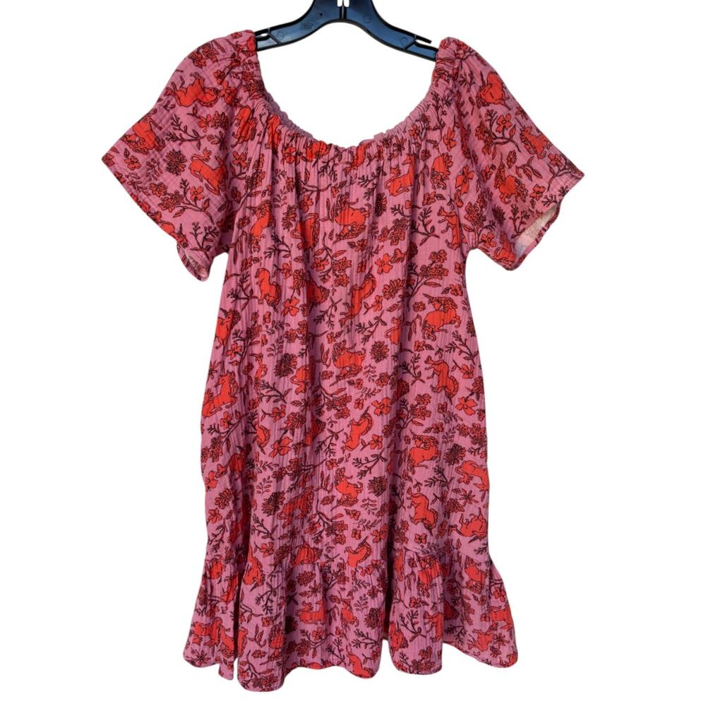 Anorak Pink and Bright Orange Unicorn Cotton Gauze Pullover Mini Dress size 14
